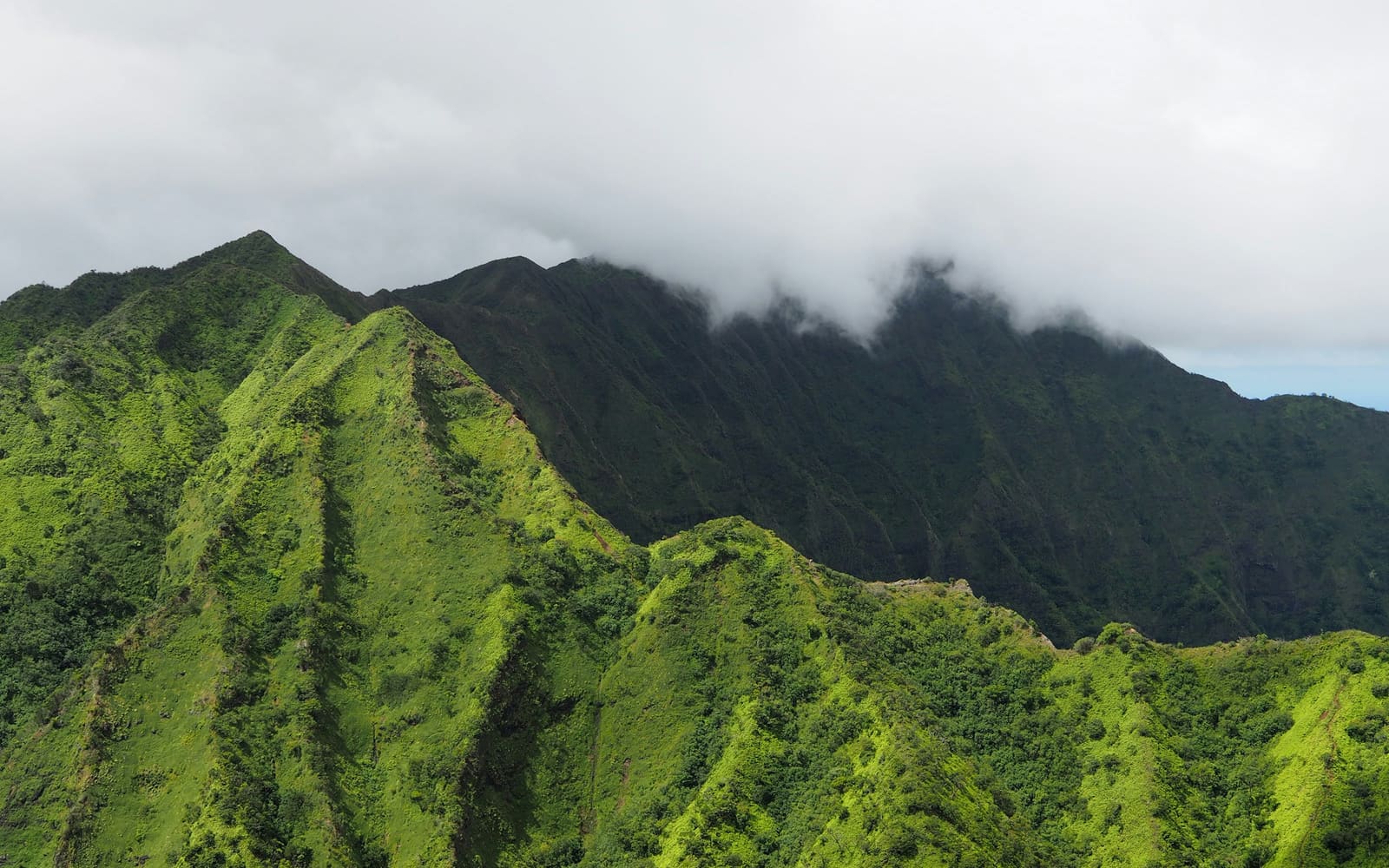Steep green mountain ridges covered in grass and shrubs rise toward a dark peak wrapped in low white clouds on an overcast day