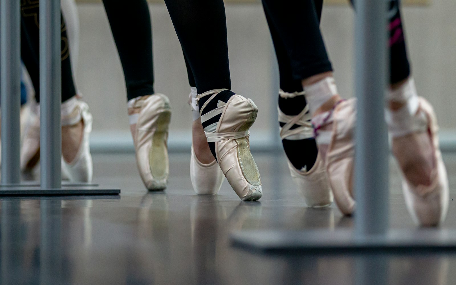 Dancers in pink pointe shoes and black tights rise onto their toes beside portable ballet barres on a reflective studio floor