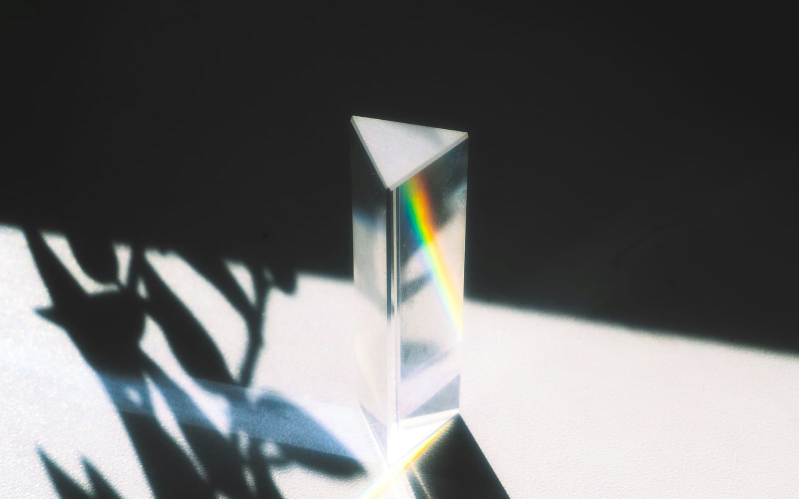 A clear glass prism stands on a white surface in hard sunlight, a rainbow band showing inside it and dark leaf shadows falling across the surface