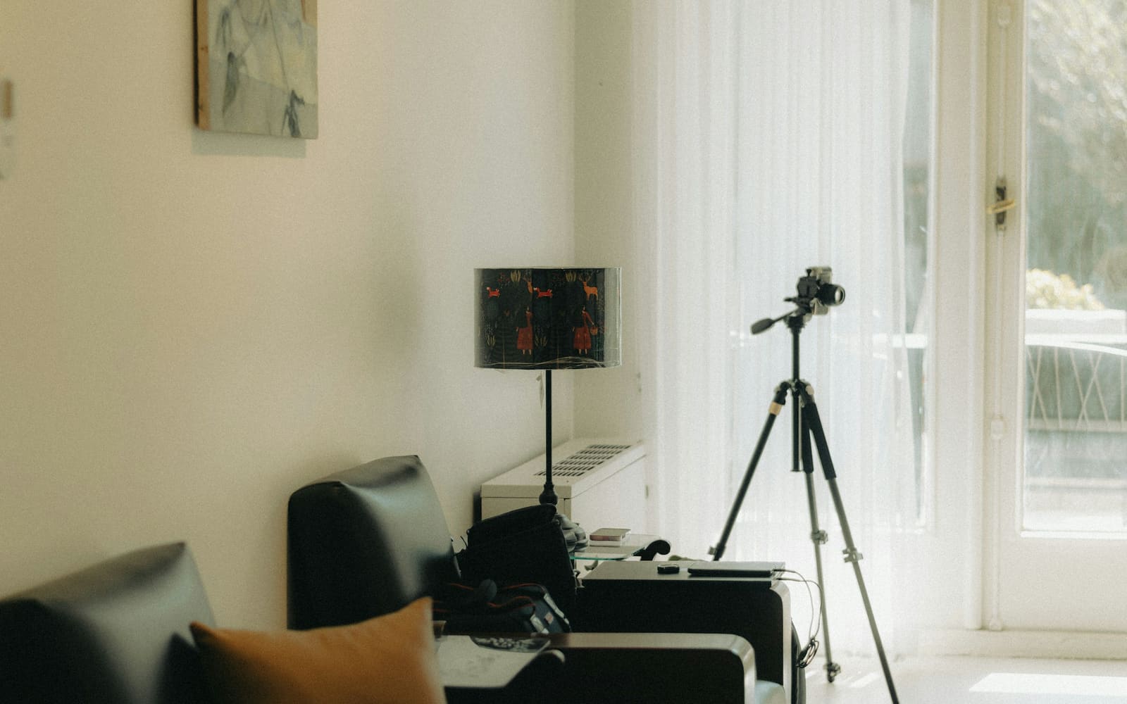 A camera on a tripod stands by a sheer-curtained window in a sunlit living room beside a black sofa and a patterned lamp