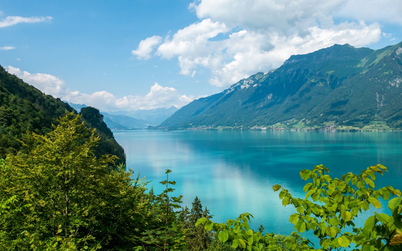 A turquoise lake stretches between steep green mountains under a blue sky with white clouds, framed by leafy trees in the foreground