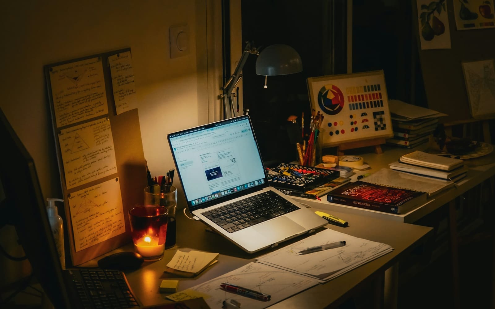 A laptop glows on a cluttered desk at night beside a lit candle, handwritten notes pinned to a board, books and a desk lamp